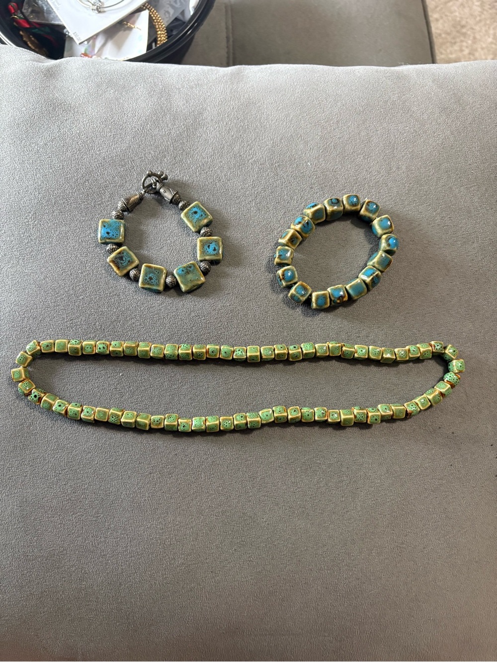 Handmade Glazed Ceramic Bead Set With Necklace 2 Bracelets Vintage